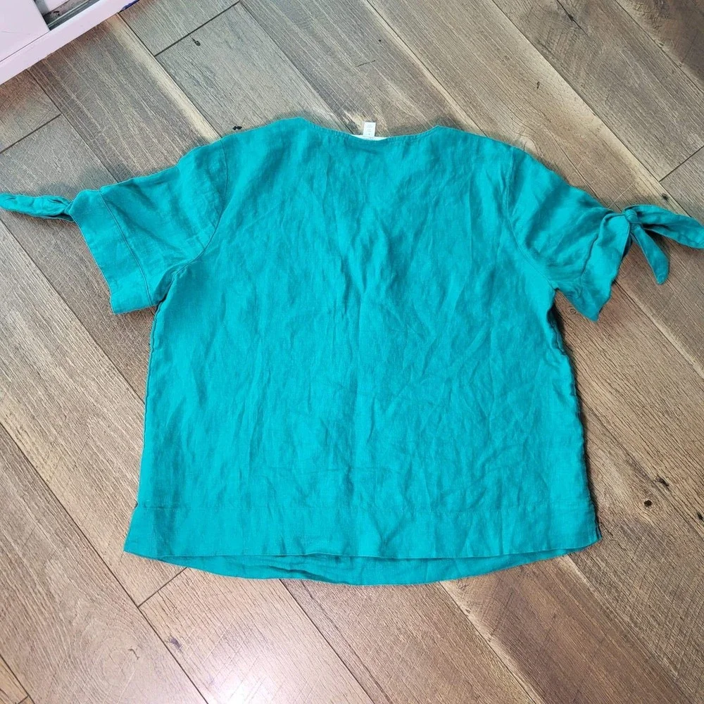Charter Club Luxury Teal Green 100% Linen Split Neck Tie Sleeve Top Large